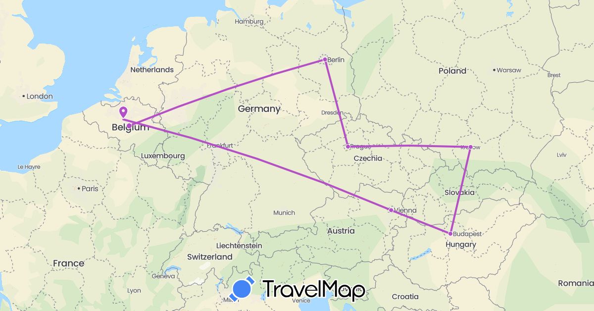 TravelMap itinerary: driving, train in Austria, Belgium, Czech Republic, Germany, Hungary, Poland (Europe)